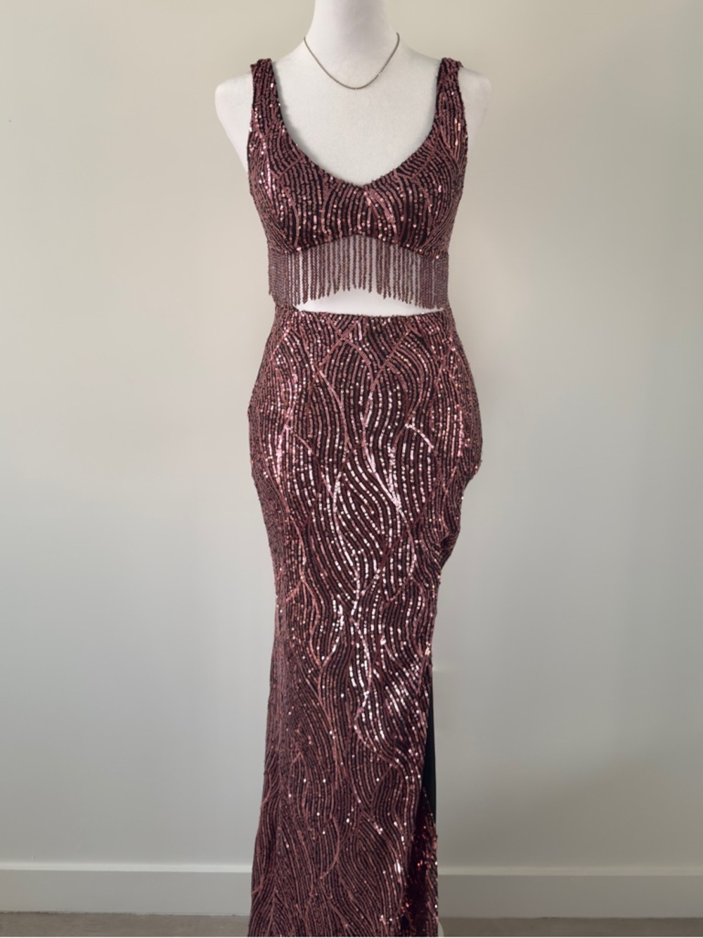 Fashion Nova Rose Mauve Nights in Dubai Sequin Gown Fringe Slit Maxi Dress